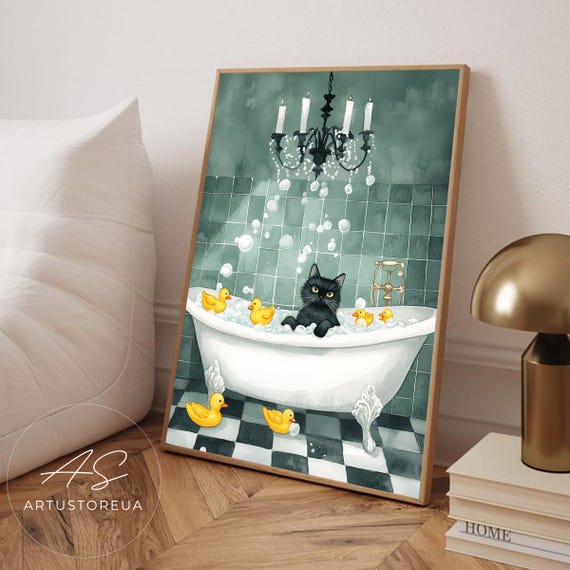 Cat Bathroom Print Animal Bath Poster Vintage Scene Wall Decor Bathtub Art Green Tiles Illustration