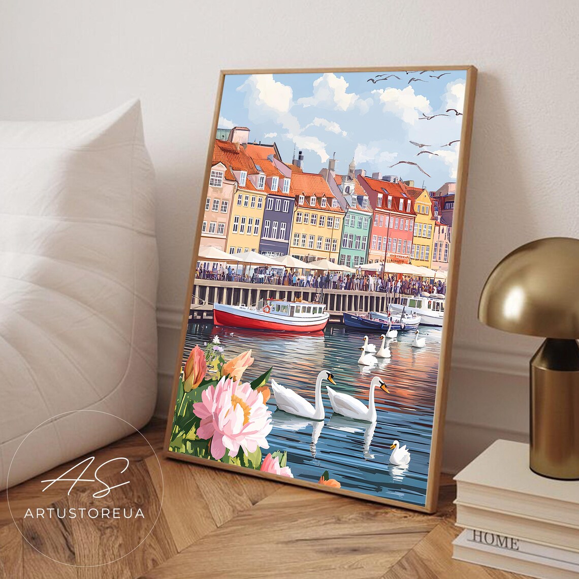 Copenhagen Print, Watercolor Harbor Scene Art Print