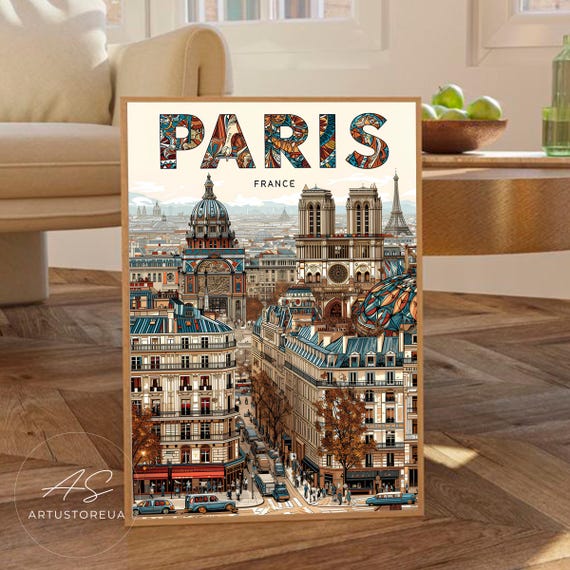 Paris Print Vintage Travel Poster With Retro Street Scene Cityscape Art Detailed Architectural Illustration