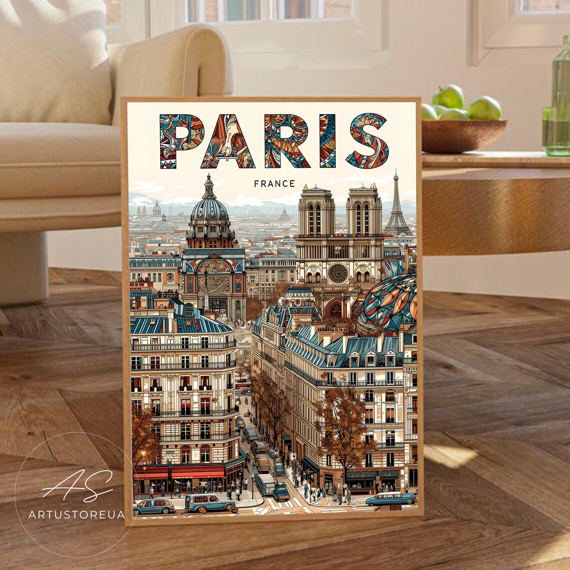Paris France Vintage Travel Poster Eiffel Tower Notre Dame Retro Romance