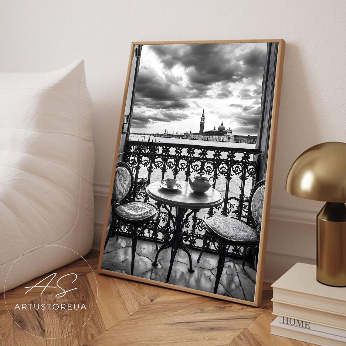 Venice Italy Grand Canal Balcony Tea Black and White Photo Poster
