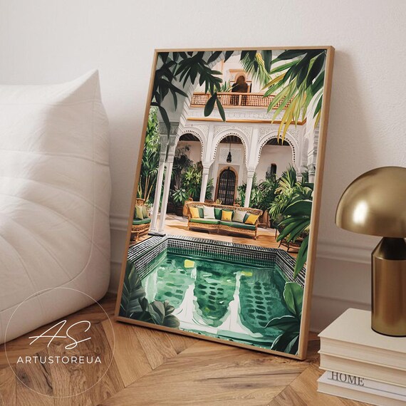 Morocco Riad Courtyard Pool Lush Green Oasis Travel Wall Poster