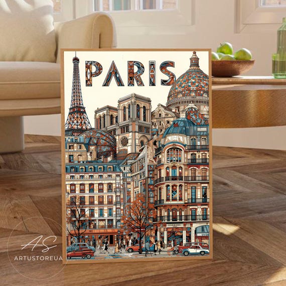 Paris Print Vintage Travel Poster With Retro Street Scene Cityscape Art Detailed Architectural Illustration