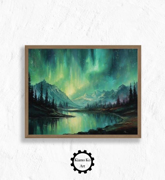 Enchanting Aurora Lake Landscape Art Print Nature Decor Rustic Home Serene Green Glow Cozy Wall