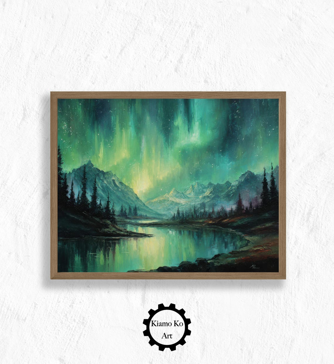 Green Aurora Curtains over Snowy Peaks and a Lake Reflection Poster