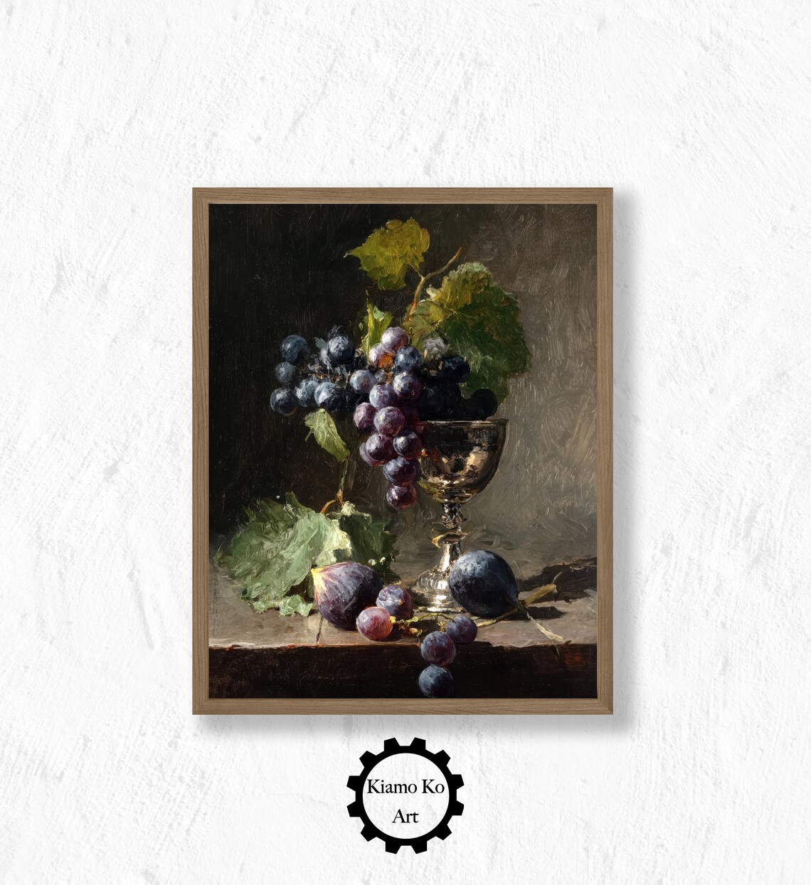 Dark Still Life of Grapes and Figs in a Silver Goblet Vintage Poster