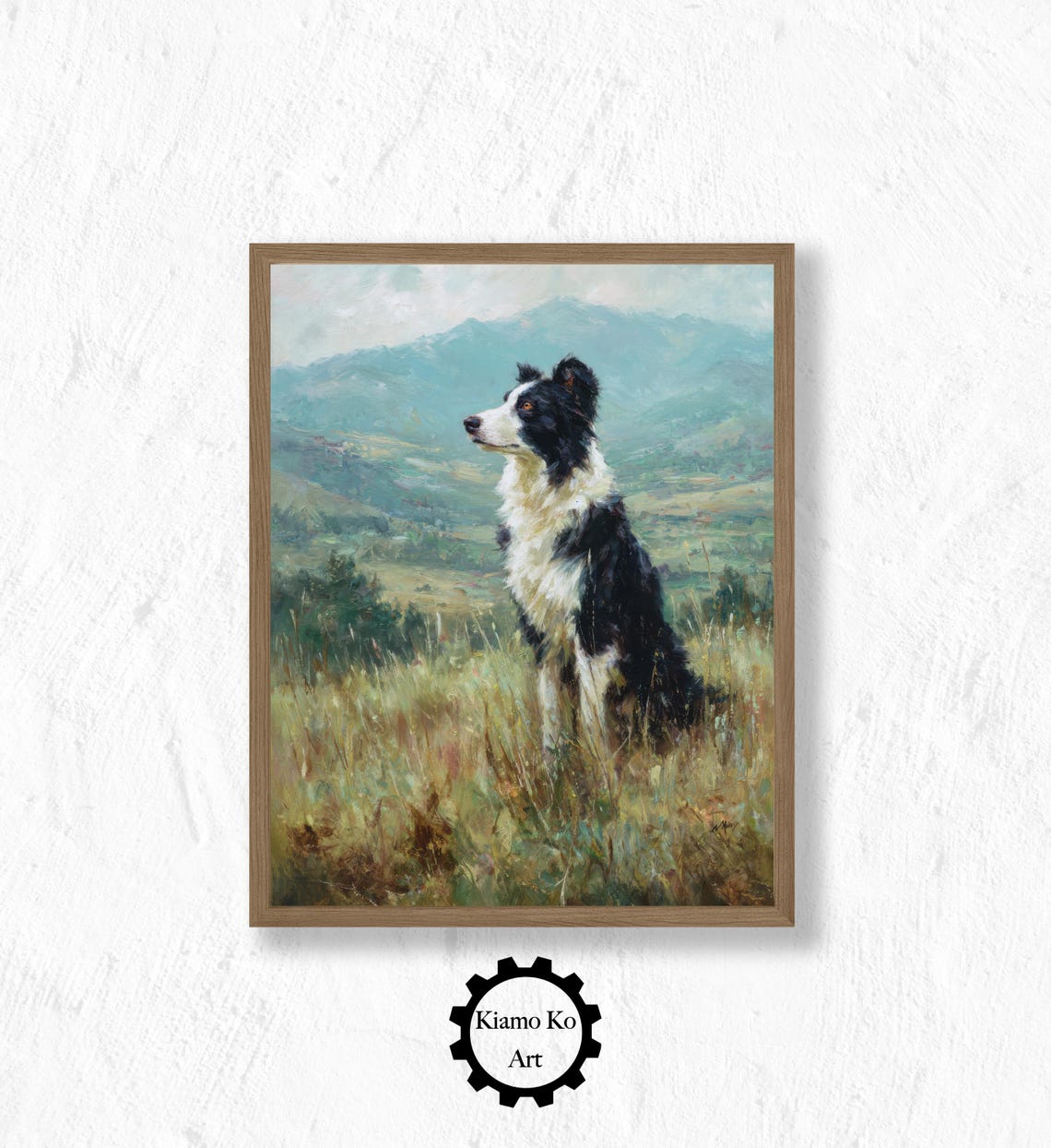 Border Collie Sitting in a Meadow Overlooking Mountain Peaks Poster