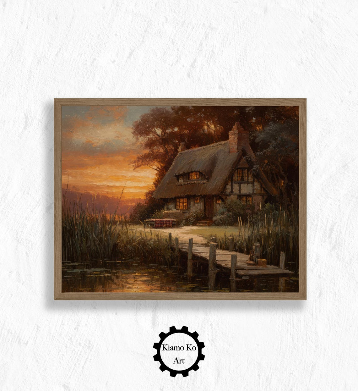 Thatched Cottage by the Water at Sunset with a Wooden Dock Poster