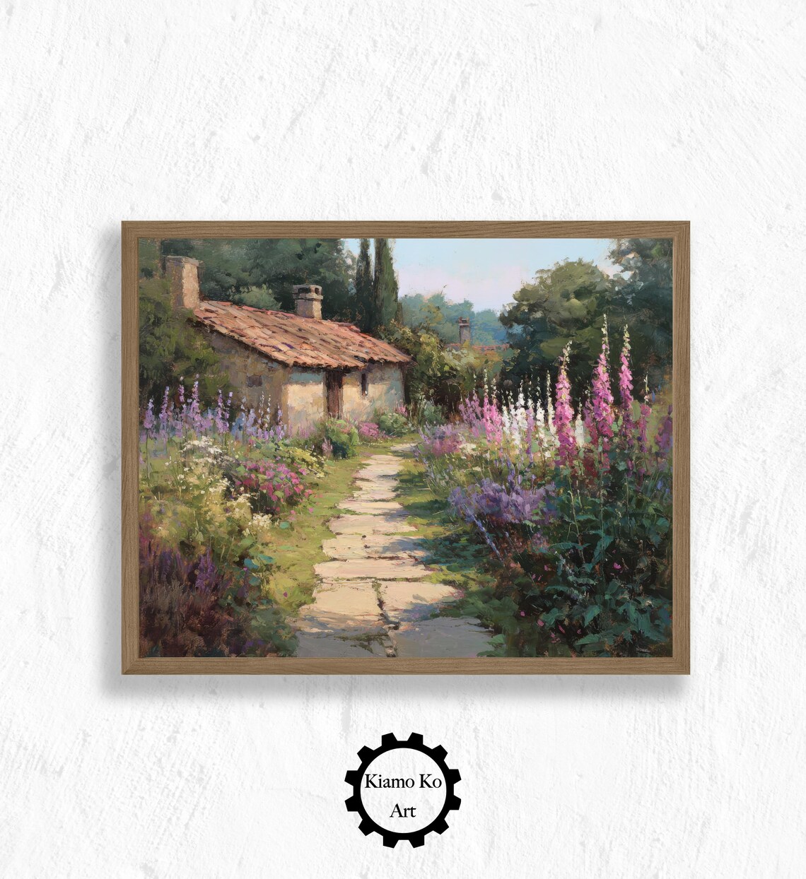 Stone Cottage Garden with Tall Foxgloves Floral Path Art Poster