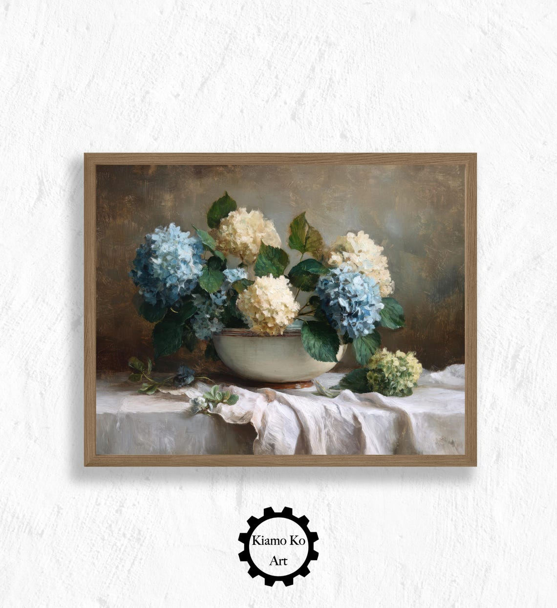 Blue Hydrangeas in White Bowl on Linen Floral Still Life Poster