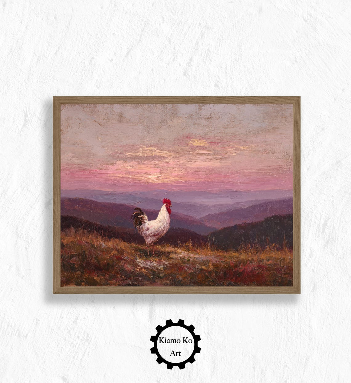 White Rooster on a Hilltop at Sunrise Above the Mountains Poster