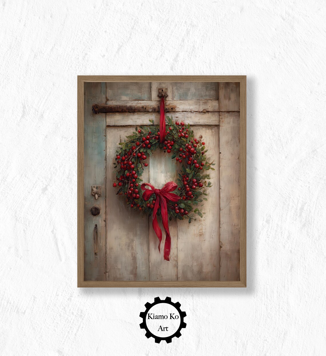 Red Berry Christmas Wreath With Bow on Rustic Wooden Door Holiday Poster