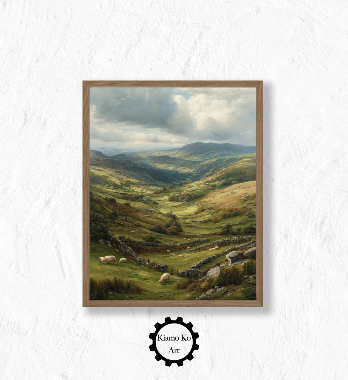 Rolling Green Hills and Sheep in a Cloudy Mountain Valley Poster