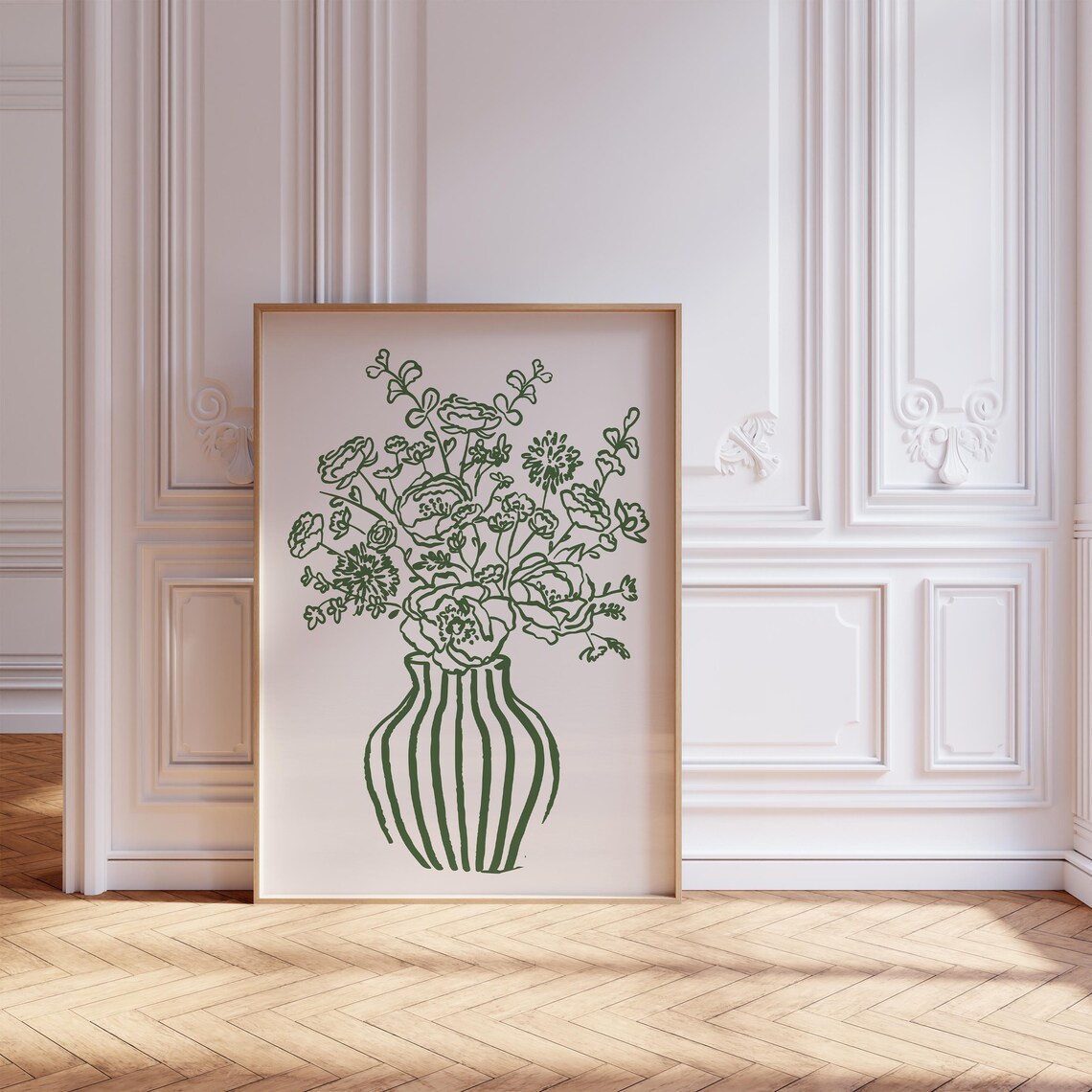 Green Floral Bouquet Striped Vase Line Art Cream Wall Poster - Image 4