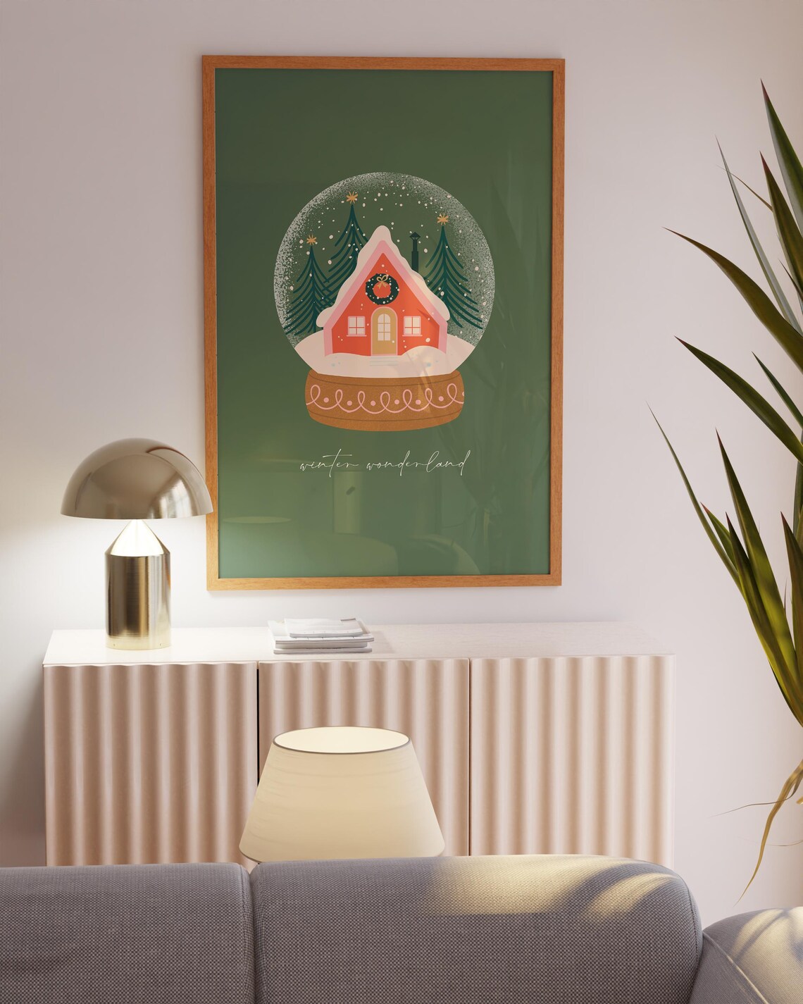 Winter Wonderland Snow Globe Red Cabin Green Christmas Poster - Image 2