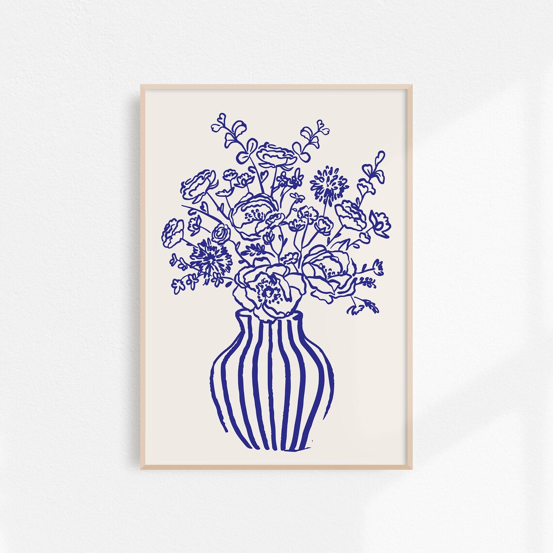 Blue Floral Bouquet Striped Vase Line Art On Cream Wall Poster - Image 6