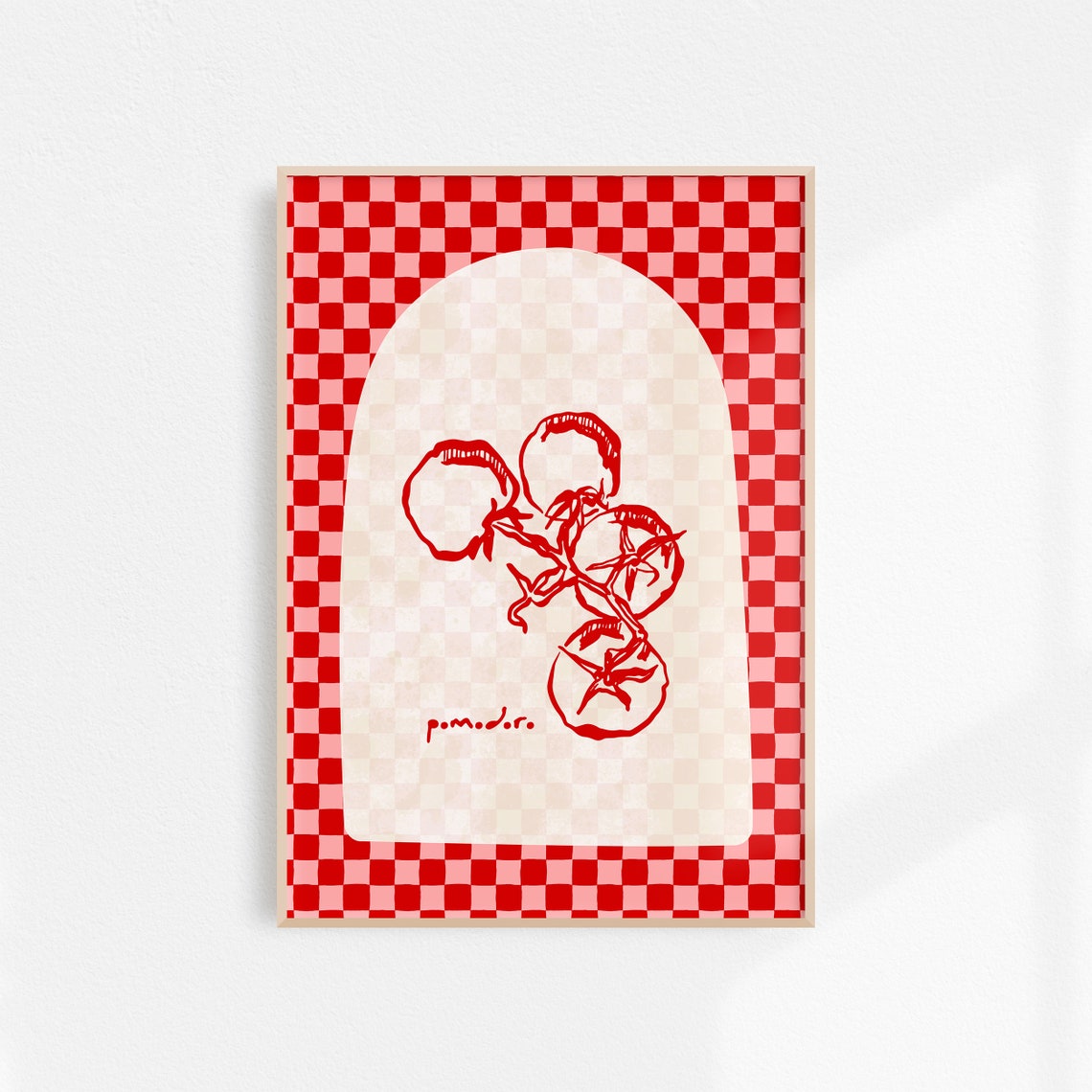 Pomodoro Tomato Line Art On Red Checker Italian Kitchen Poster