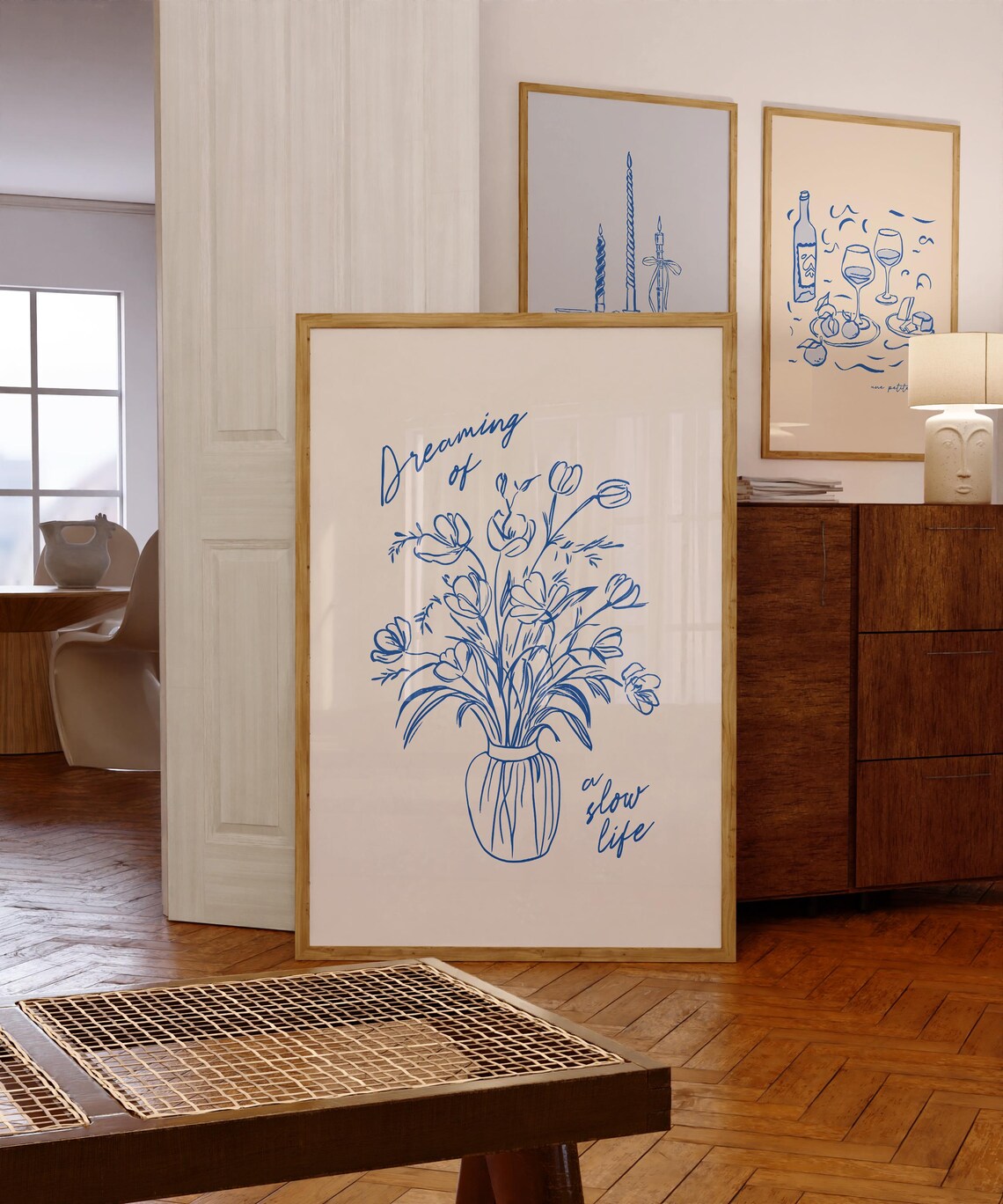 Dreaming of a Slow Life Blue Wildflower Bouquet Line Art Poster - Image 2