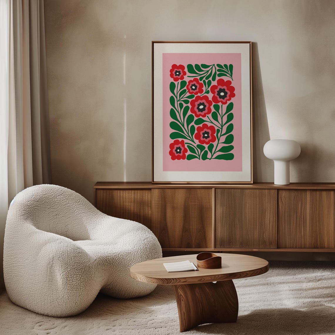 Bold Red Poppies Green Foliage Pink Folk Art Retro Floral Poster - Image 4