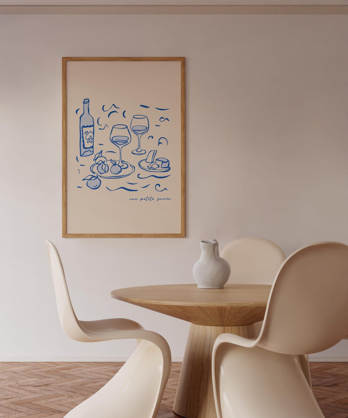 Une Petite Soiree French Wine And Cheese Line Art Blue Poster - Image 4