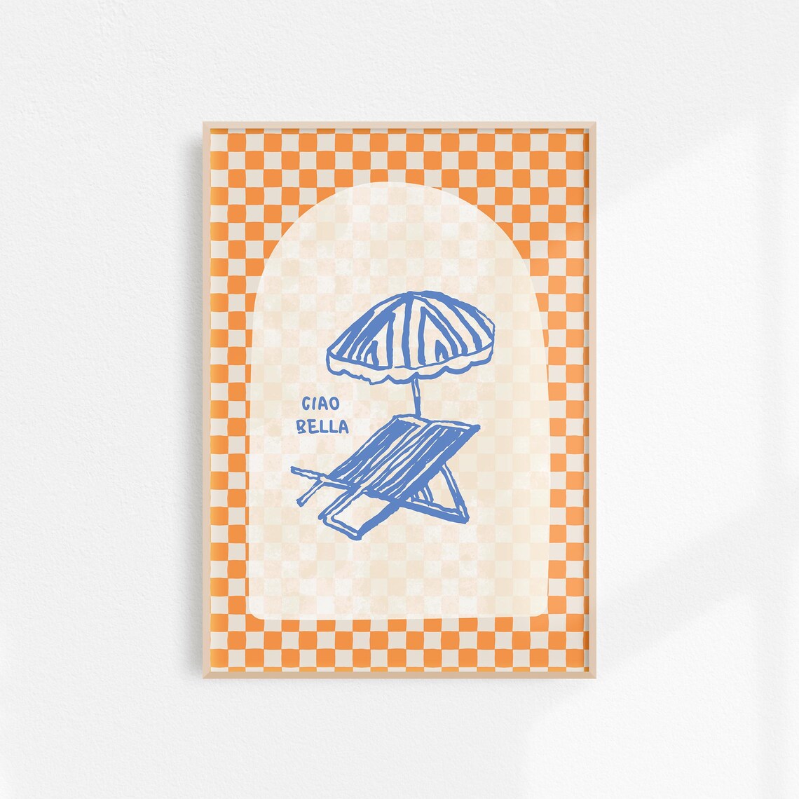 Ciao Bella Blue Beach Umbrella Orange Checker Retro Art Poster