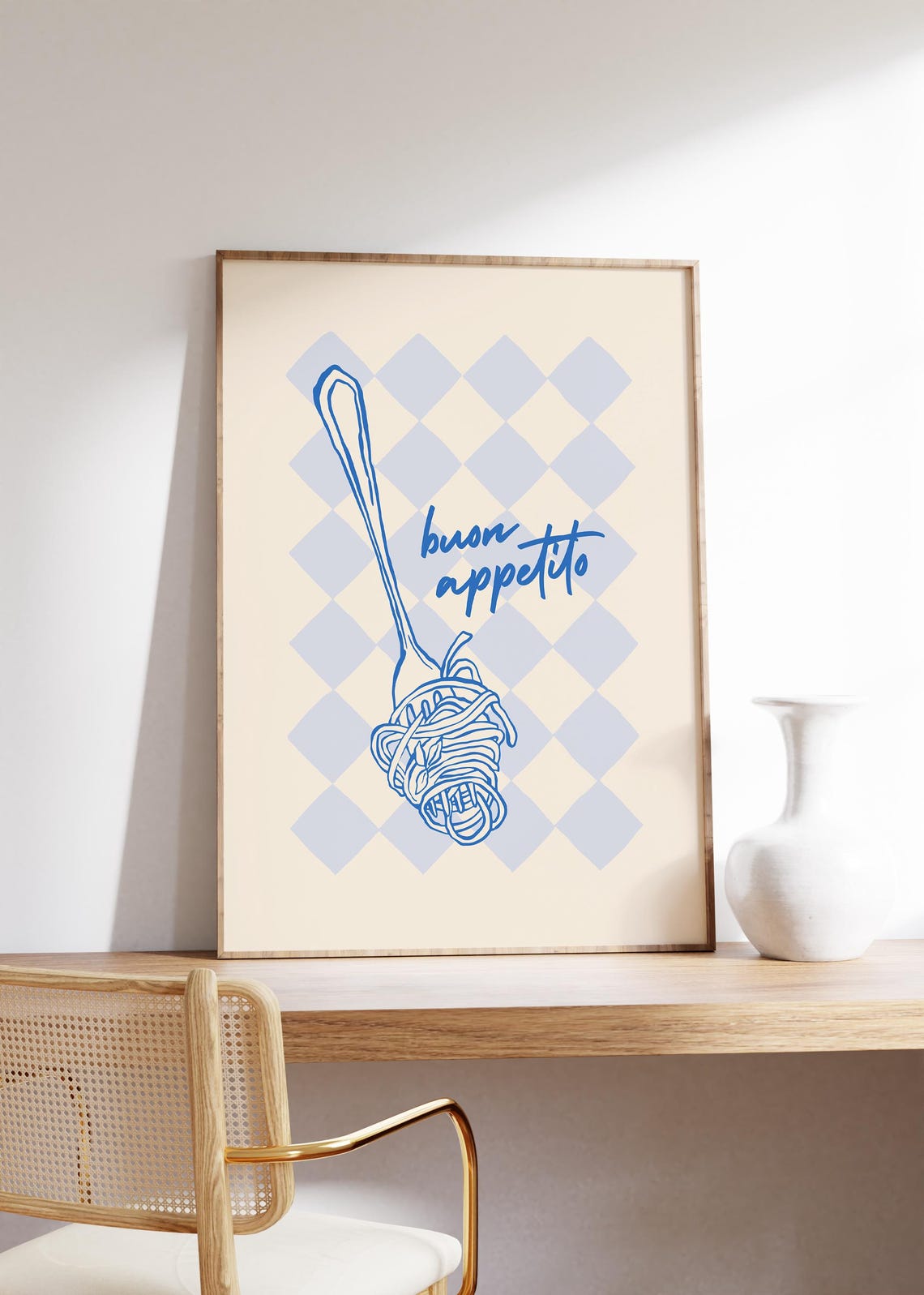 Buon Appetito Spaghetti Fork Blue Checkered Italian Kitchen Poster - Image 2