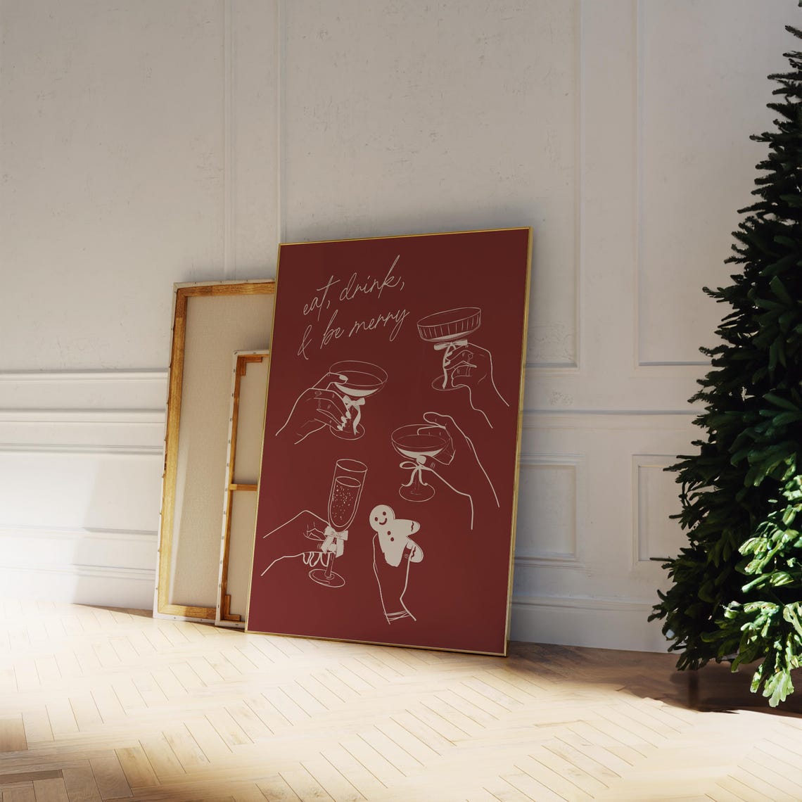 Eat Drink And Be Merry Cream Red Line Art Holiday Toast Poster - Image 4