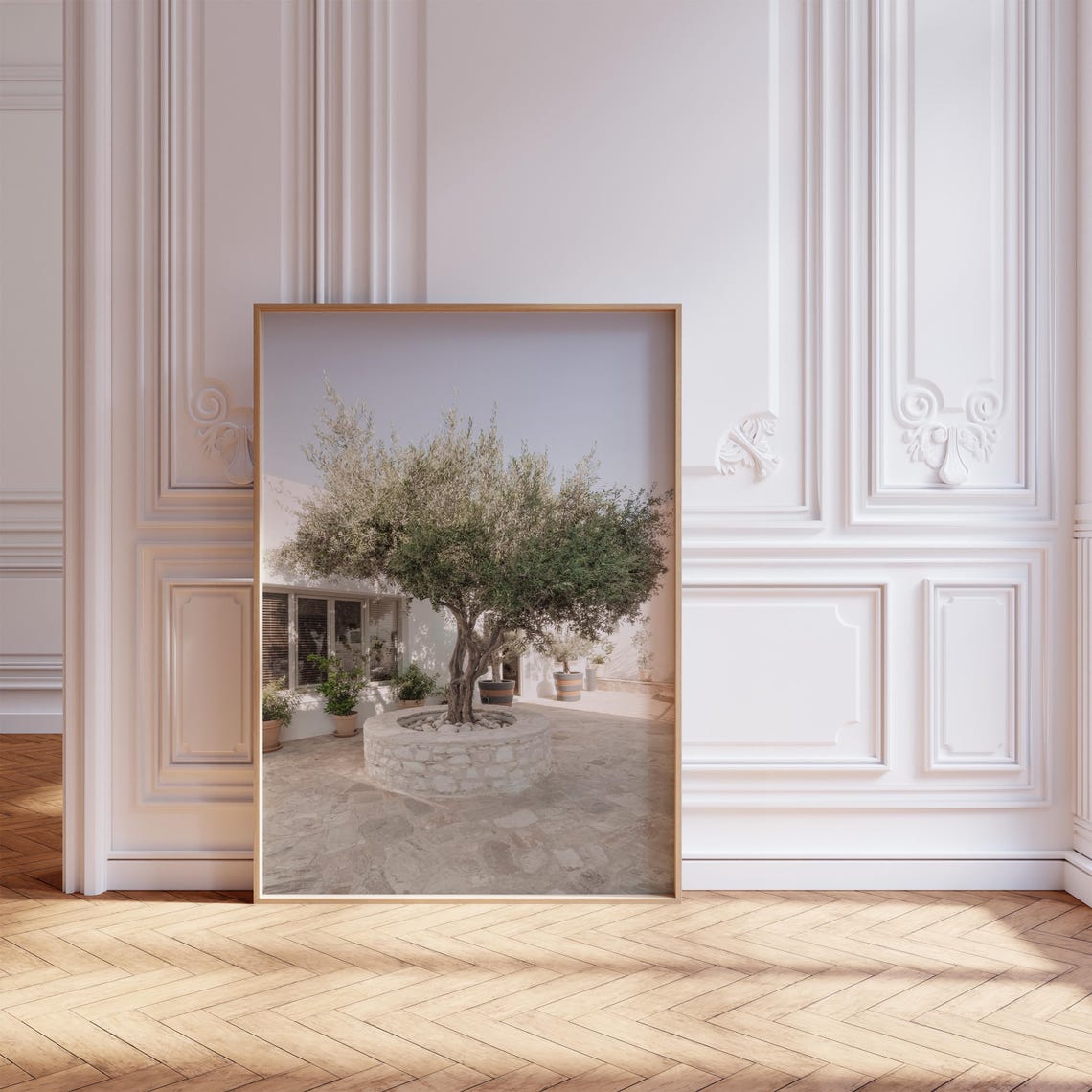 Olive Tree Stone Planter Sunlit White Mediterranean Courtyard Poster - Image 3