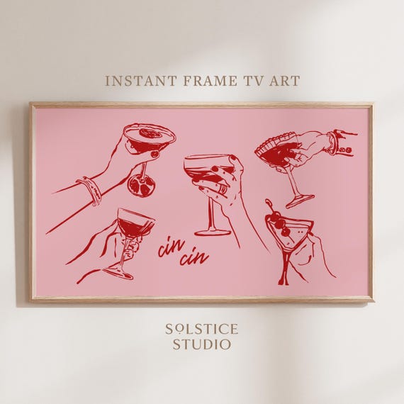 Pink Red Frame Tv Art Cheers Print For Frame Tv Wine Art Cin Cin Pink Trendy Wall Art For Frame Tv Horizontal Art