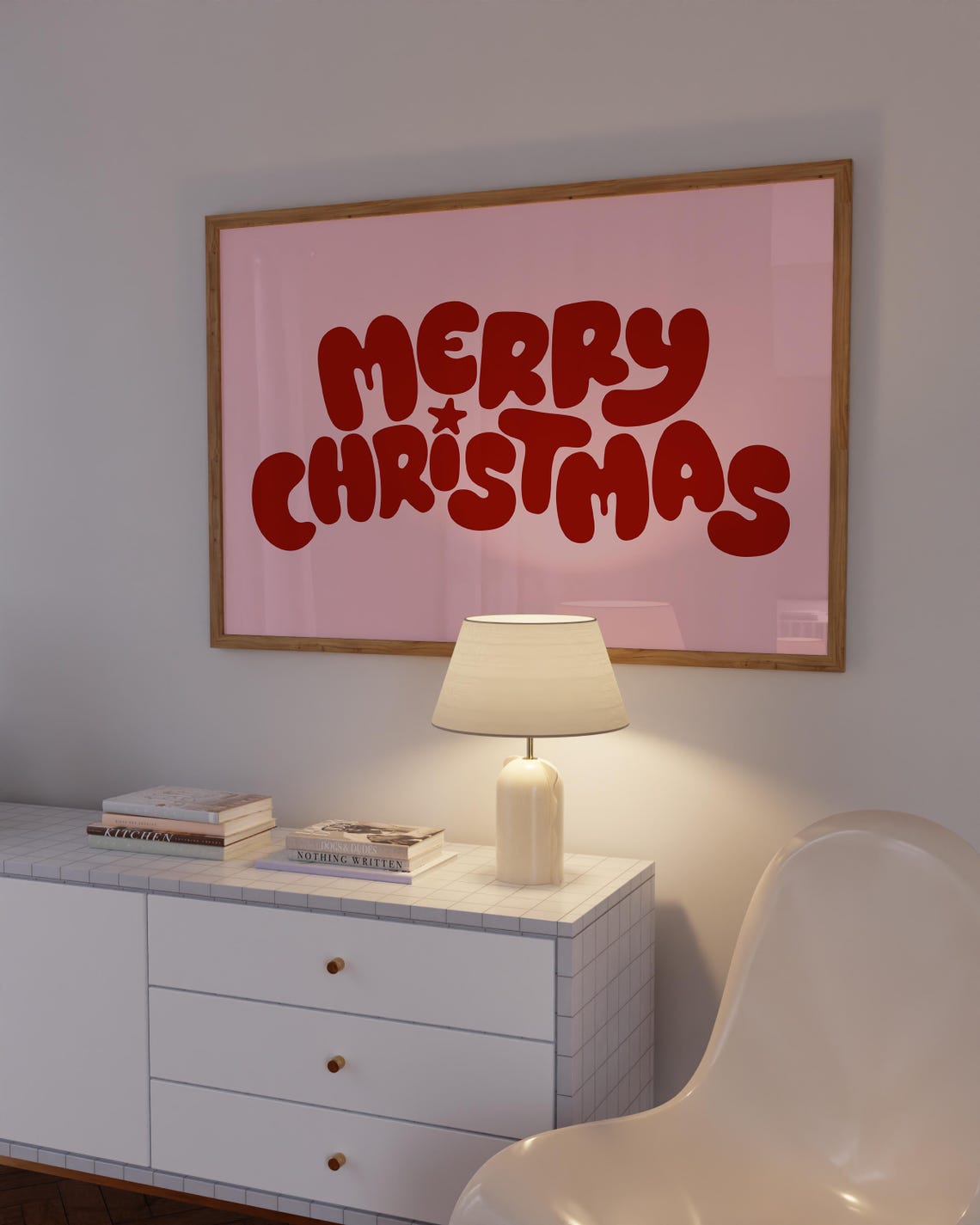 Merry Christmas Red Bubble Letters Blush Pink Holiday Art Poster - Image 4