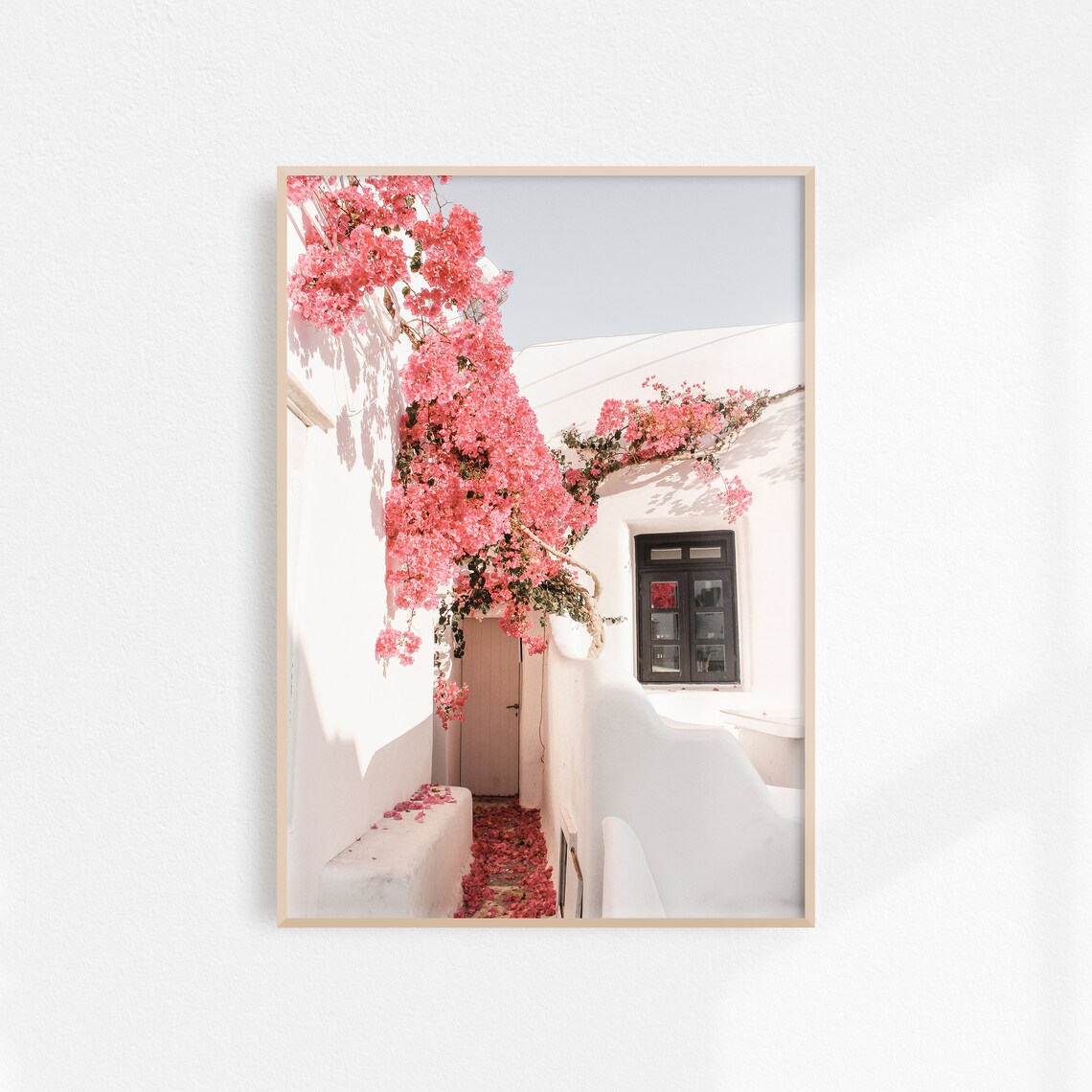 Santorini White Alley Covered in Pink Bougainvillea Flowers Poster