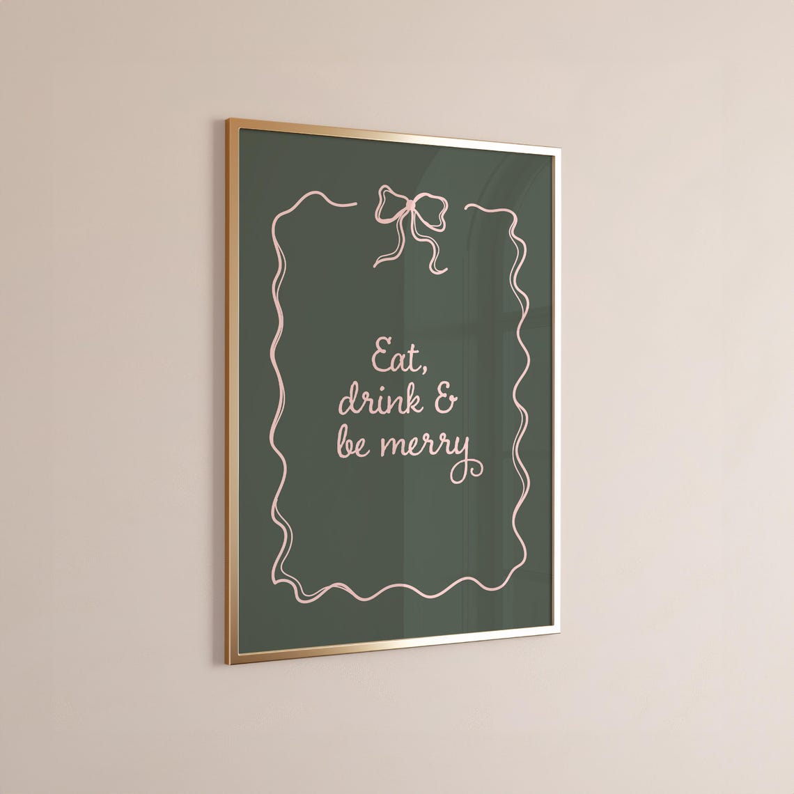 Eat Drink Be Merry Blush Script Bow Dark Green Christmas Wall Art - Image 4