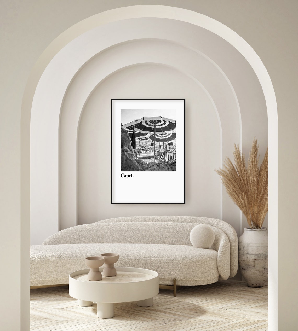 Capri Beach Striped Umbrellas Black White Italy Travel Poster - Image 3