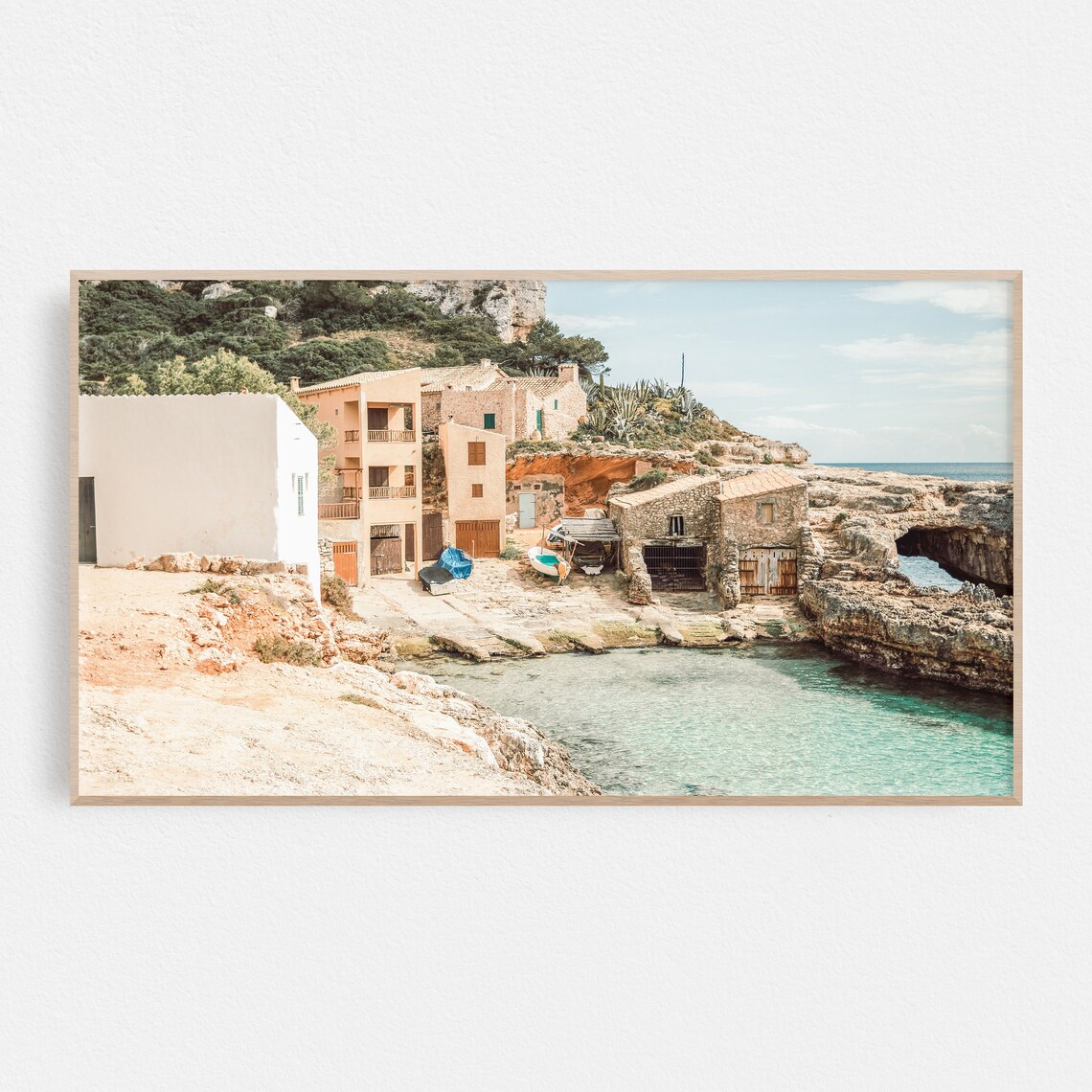 Mallorca Spain Turquoise Cove Fishing Village Coastal Travel Poster