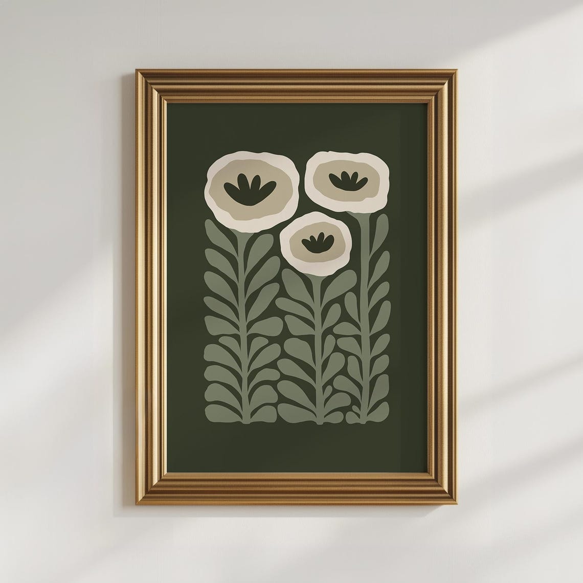 Forest Green Background Cream Flowers Modern Botanical Art Poster - Image 3