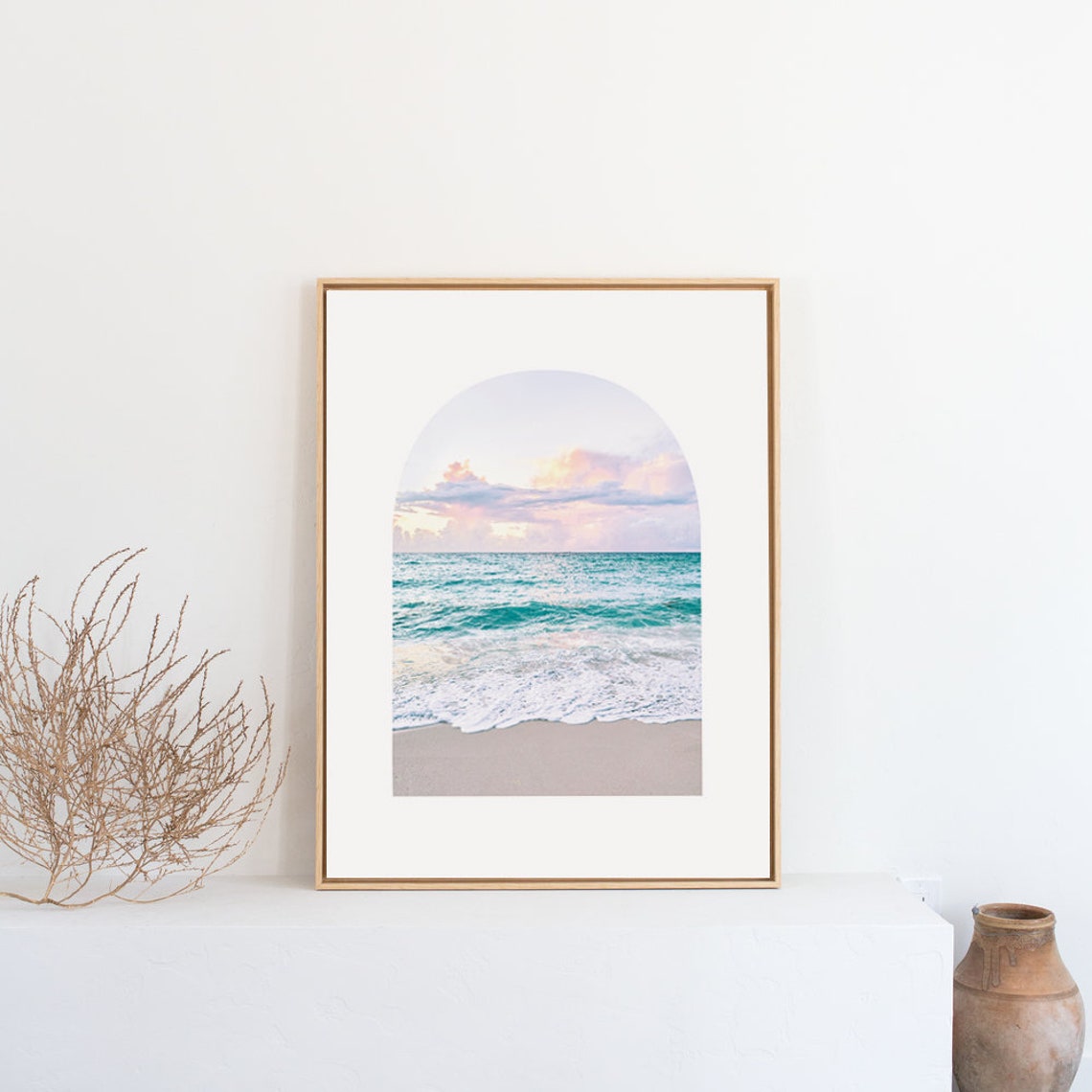 Pastel Sunset Over Turquoise Waves In Boho Arched Beach Poster - Image 3