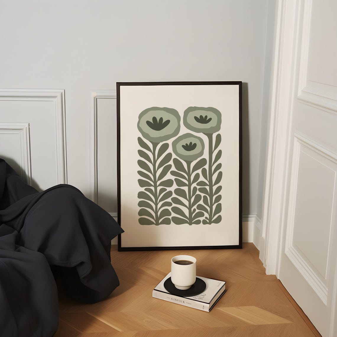 Sage Green Stylized Floral Botanical Trio Mid Century Art Poster - Image 3