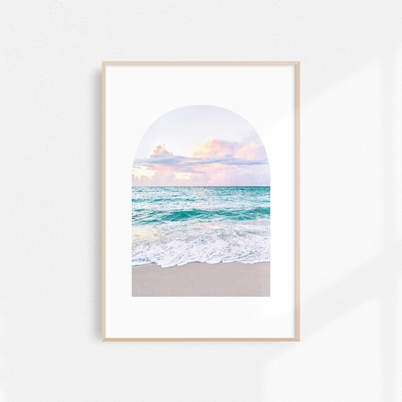 Pastel Sunset Over Turquoise Waves In Boho Arched Beach Poster