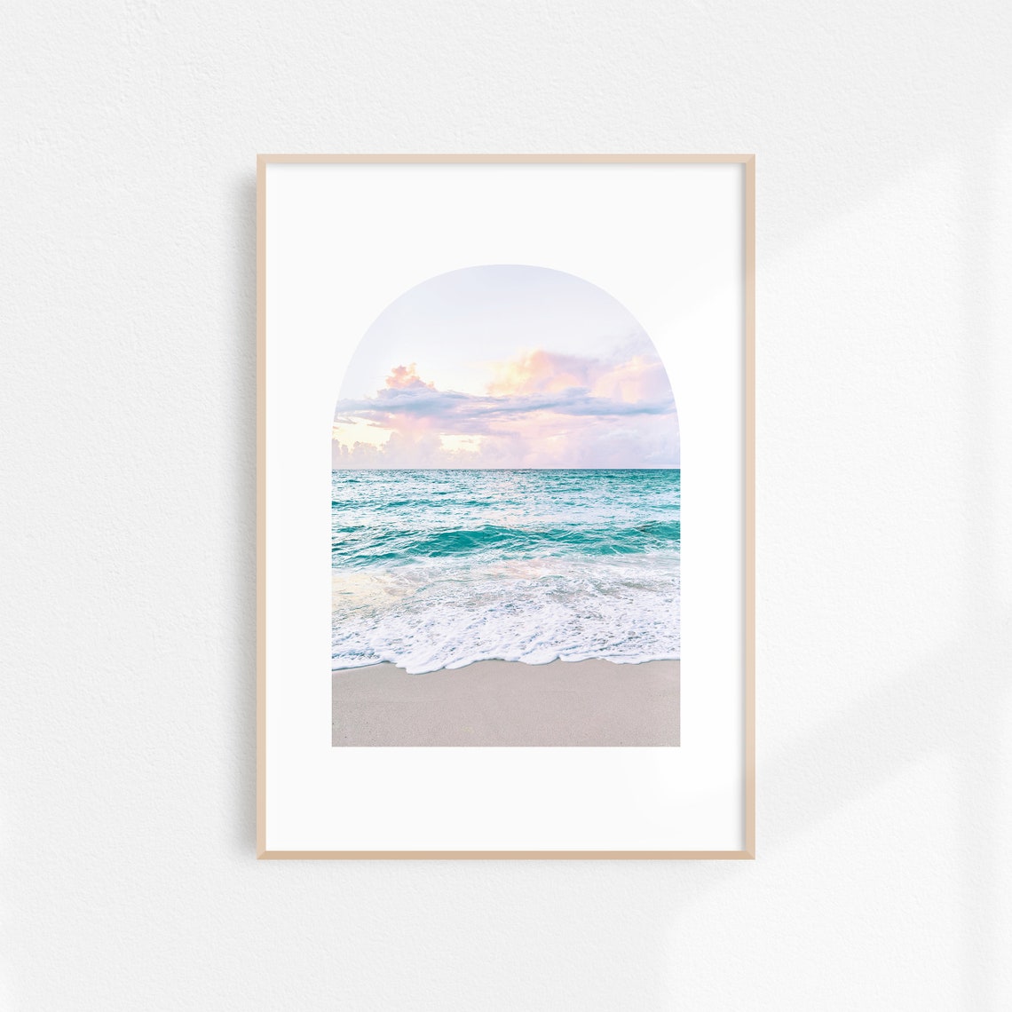 Pastel Sunset Over Turquoise Waves In Boho Arched Beach Poster