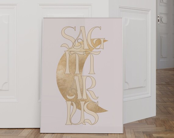 Sagittarius Gold Crescent Moon Art Nouveau Blush Pink Zodiac Typography Poster