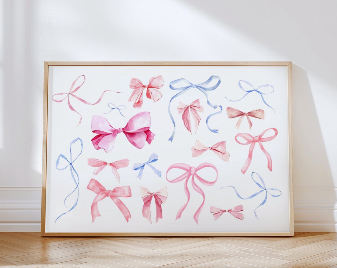 Pink and Blue Watercolor Bow Collage Coquette Girly Wall Art