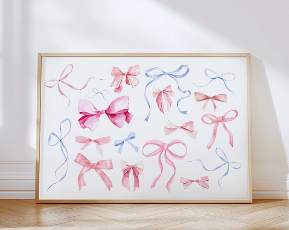 Coquette Bow Print Pink Trendy Cute Girly Wall Art Preppy Watercolor Bows Soft Pastel Poster Ribbon Balletcore Horizontal
