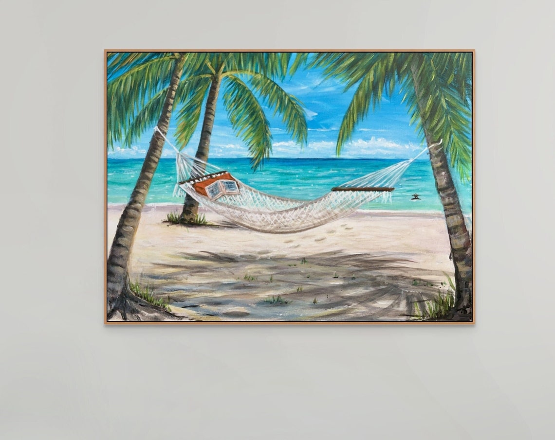 Palm Trees Hammock Open Book Sandy Beach Turquoise Water Travel Poster