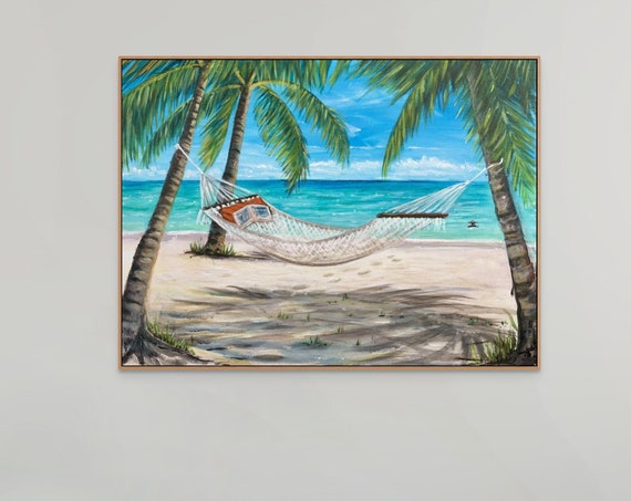 Beachy Wall Art Coastal Poster Hammock On Beach Painting Fine Art Ocean Surf Print Summer Oil Painting Relaxing Coastal Decor Hammock