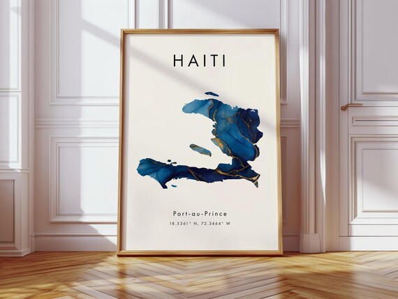 Haiti Map Poster Blue And Gold North America Wall Art Print Home Decor Geography Gift Wallpaper