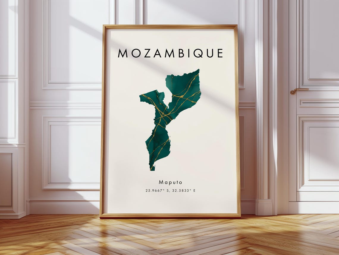 Mozambique Emerald Gold Veins Maputo Coordinates Minimalist Art Print