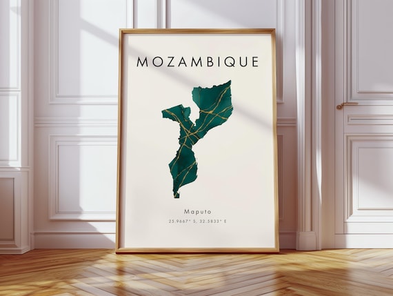Mozambique Map Poster Green And Gold Africa Wall Art Print Home Decor Geography Gift Wallpaper