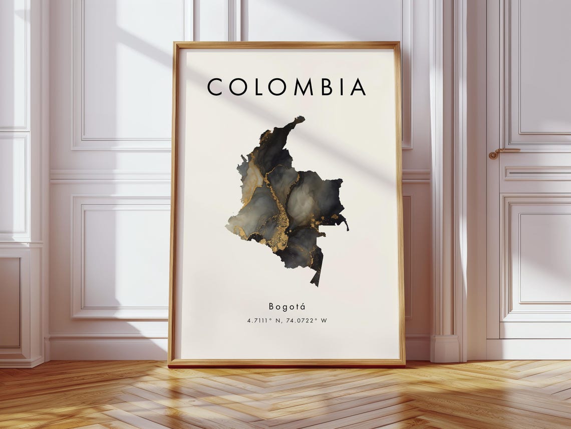 Colombia Black and Gold Marble Country Map Coordinates Art Print