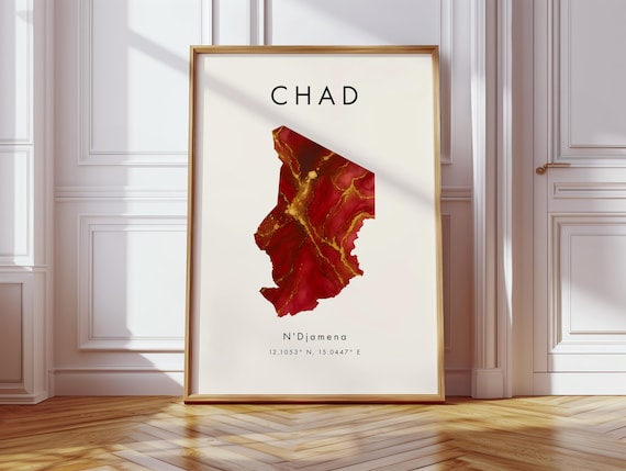 Chad Map Poster Red And Gold Africa Wall Art Print Home Decor Geography Gift Wallpaper