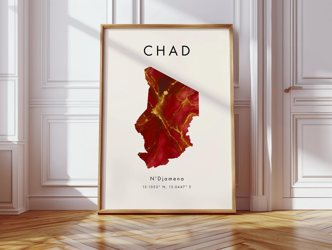 Chad Map Poster Red And Gold Africa Wall Art Print Home Decor Geography Gift Wallpaper